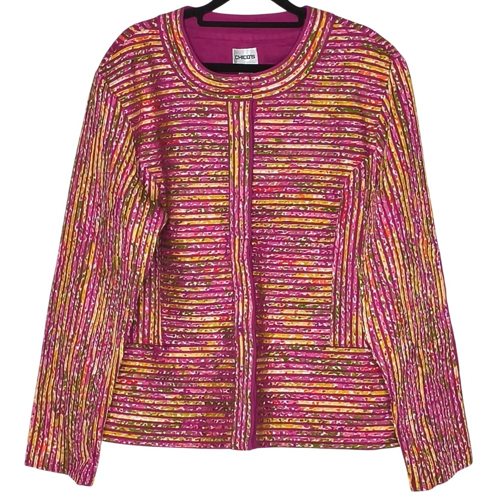 Boho Chico's Striped Jacket Women Size 2 (L)‎ Pink Multi Textured Round Neck